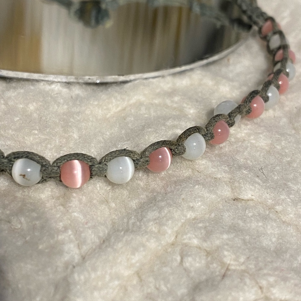 Pink and White Beaded Woven Ankle Bracelet